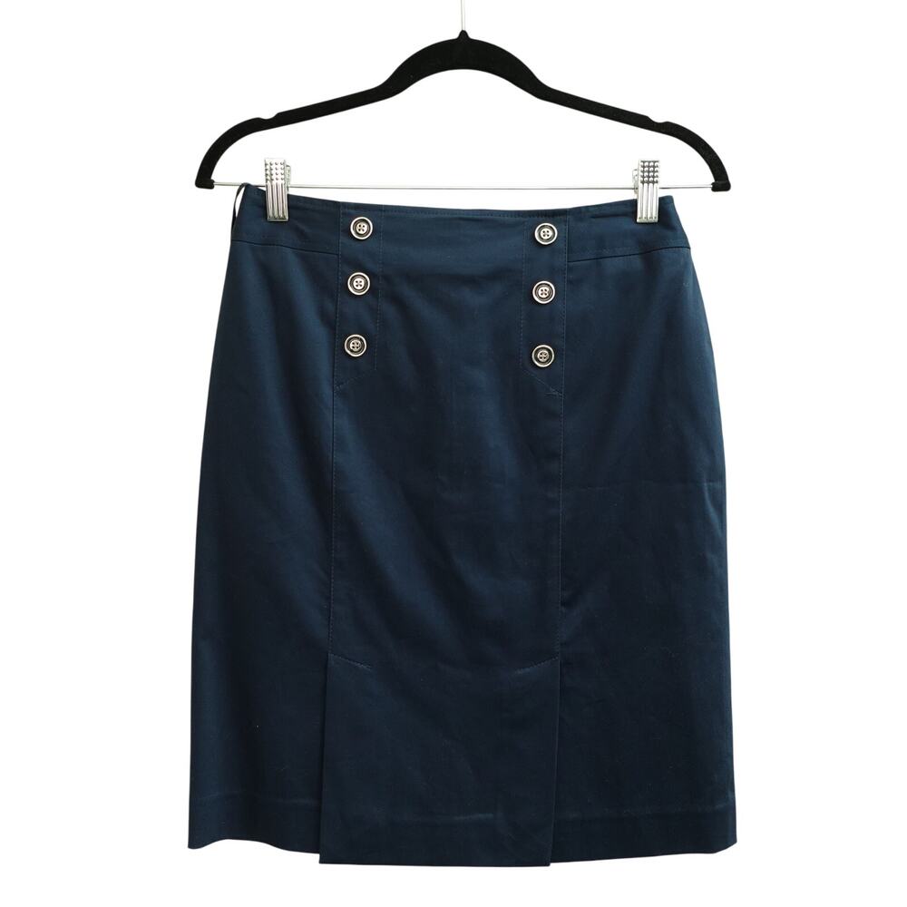 NWT Jones New York Womens Pencil Skirt Buttoned Stretch Career Navy Blue Size 2P